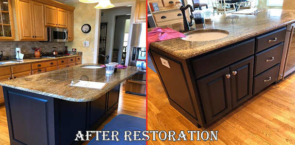 kitchen cabinet and island restoration in Illinois after picture