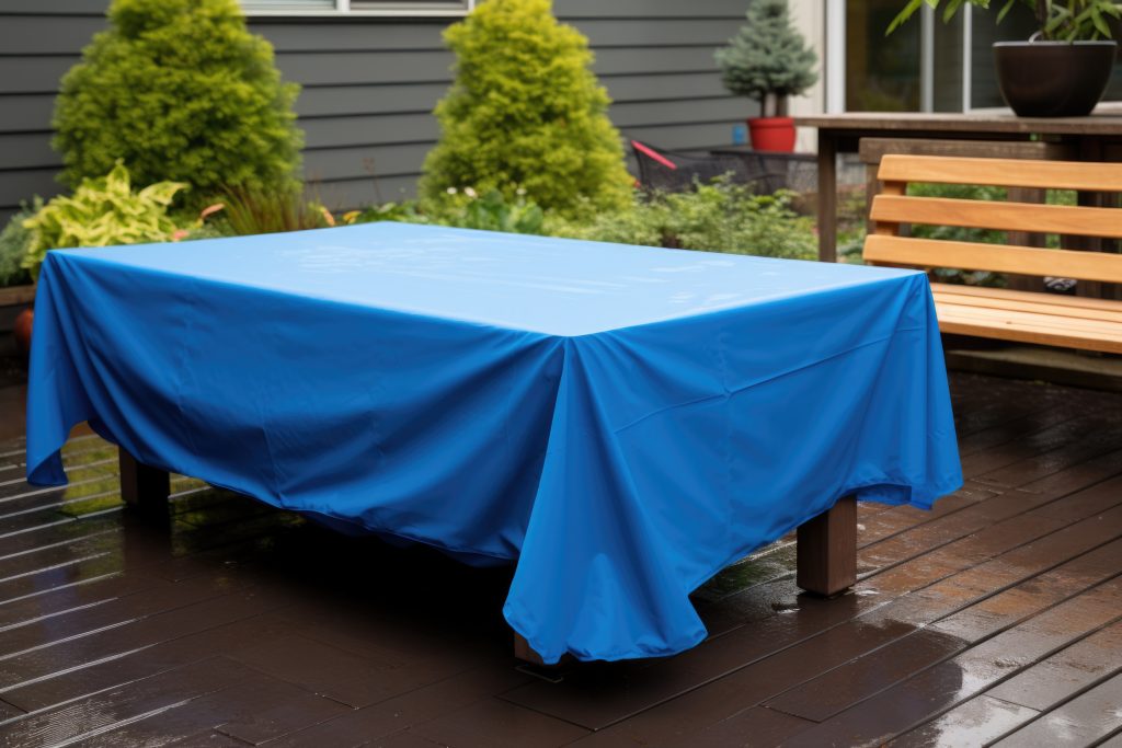 blue water-resistant tarp covering outdoor furniture