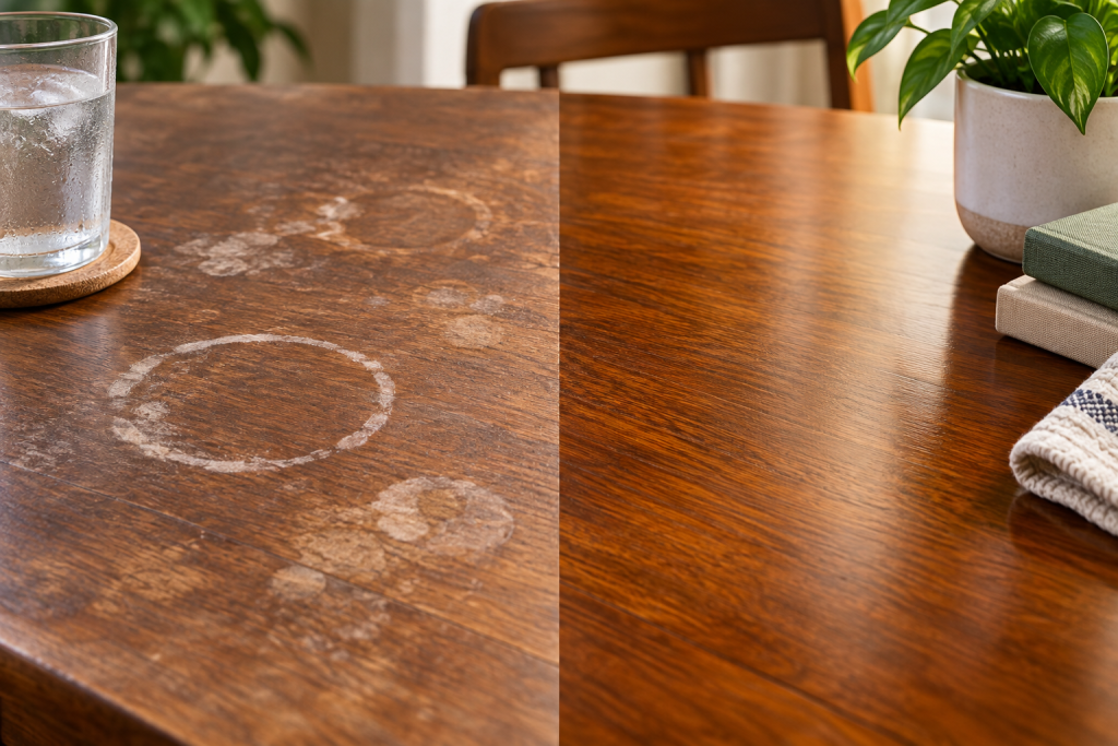 Before and after of a wood table with water rings removed by Furniture Medic by MasterCare Experts