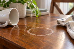 Spilled mug of water forming a white water ring on a wood dining table